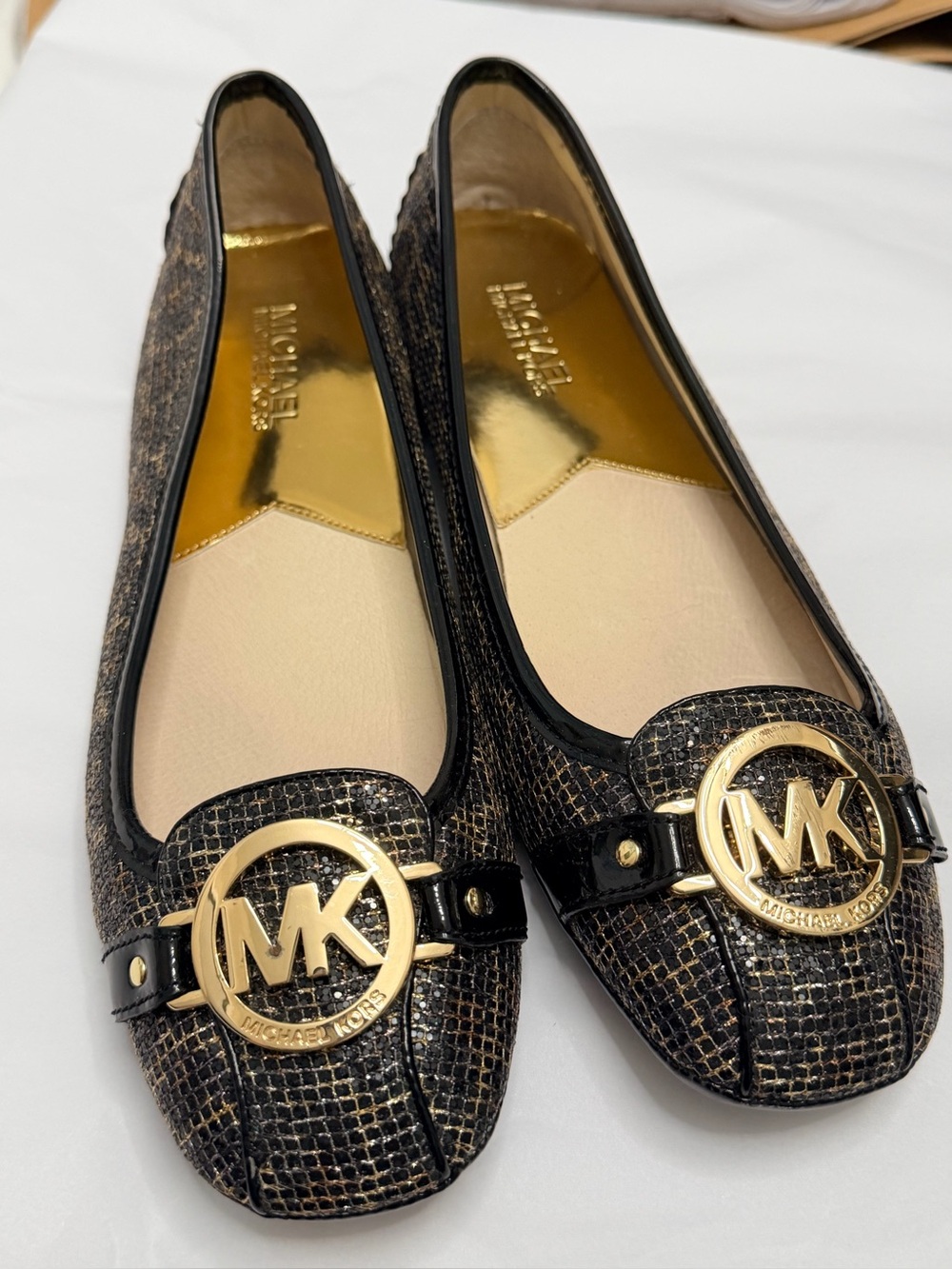 Michael Kors Black & Gold MK Logo Textured Ballet Flats
